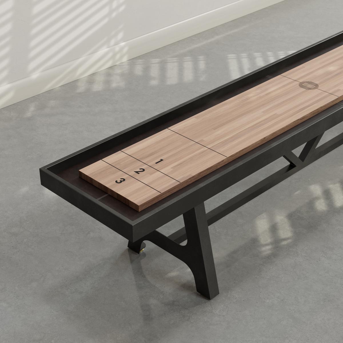 Black frame, Oak playing surface, chocolate leather Black frame, Oak playing surface, chocolate leather