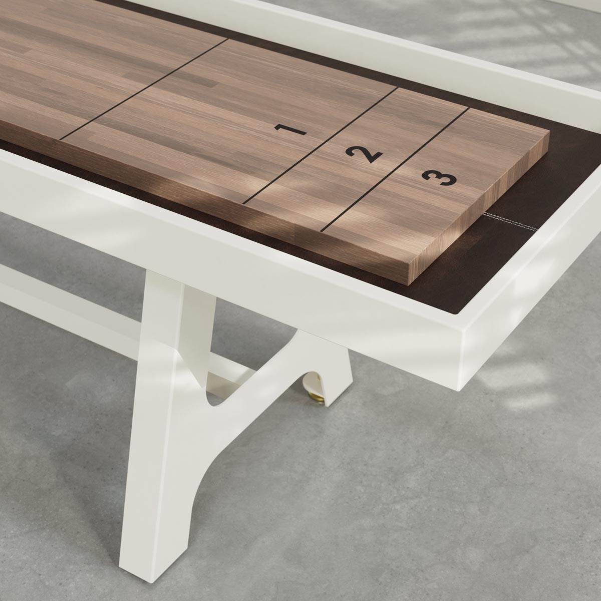 White frame, Walnut playing surface, chocolate leather White frame, Walnut playing surface, chocolate leather
