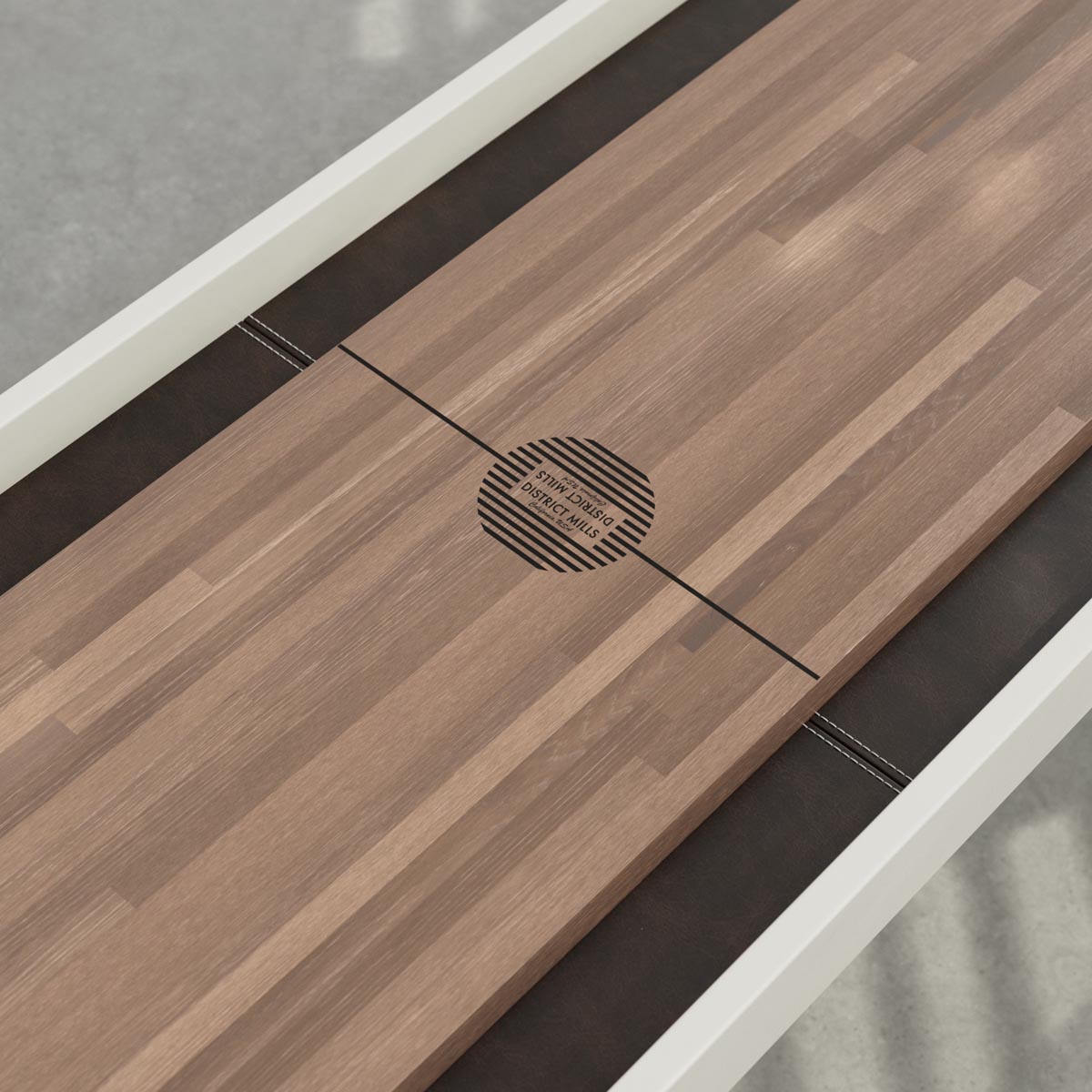 White frame, Walnut playing surface, chocolate leather White frame, Walnut playing surface, chocolate leather