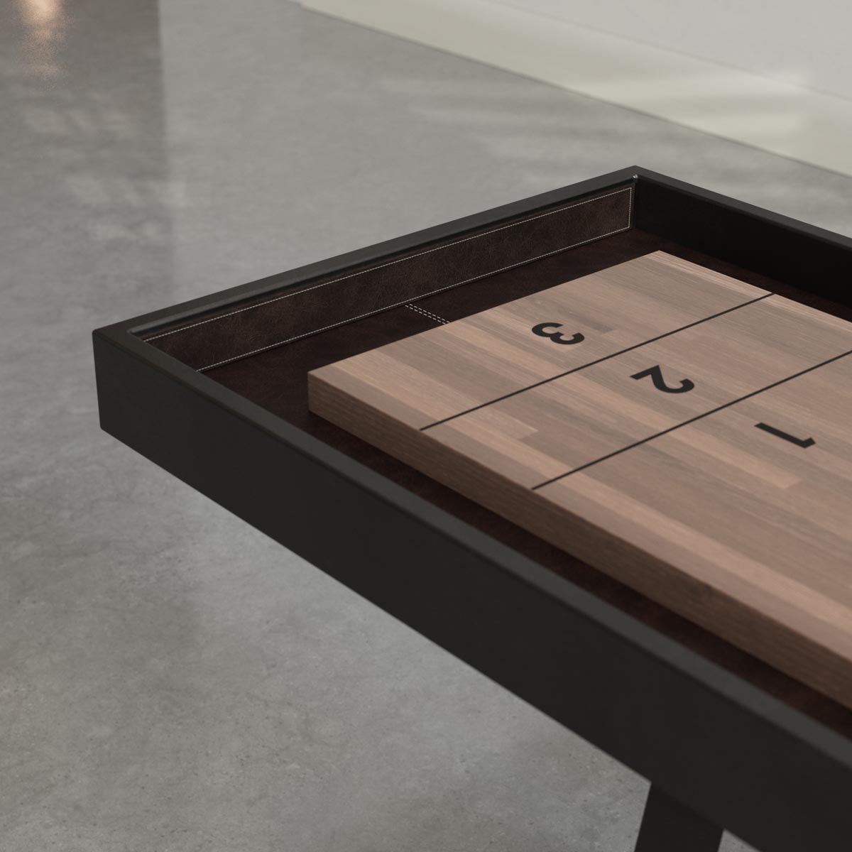Black frame, Walnut playing surface, chocolate leather, chocolate leather end bumper Black frame, Walnut playing surface, chocolate leather, chocolate leather end bumper