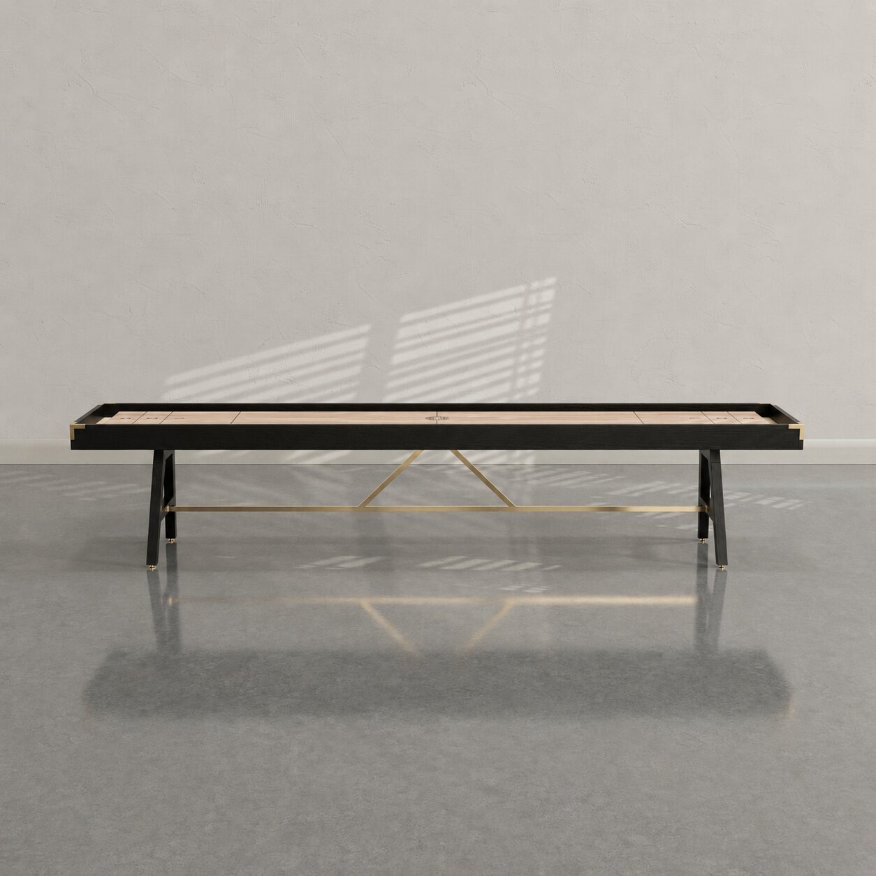 Blackened Oak frame, Oak playing surface, Tan suede, Polished Brass hardware Blackened Oak frame, Oak playing surface, Tan suede, Polished Brass hardware