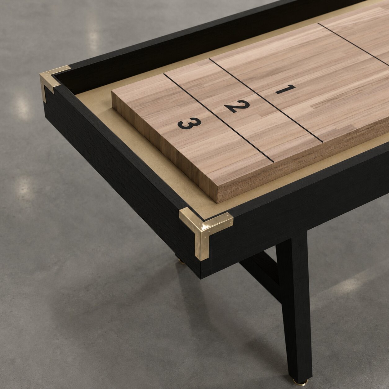 Blackened Oak frame, Oak playing surface, Tan suede, Polished Brass hardware Blackened Oak frame, Oak playing surface, Tan suede, Polished Brass hardware