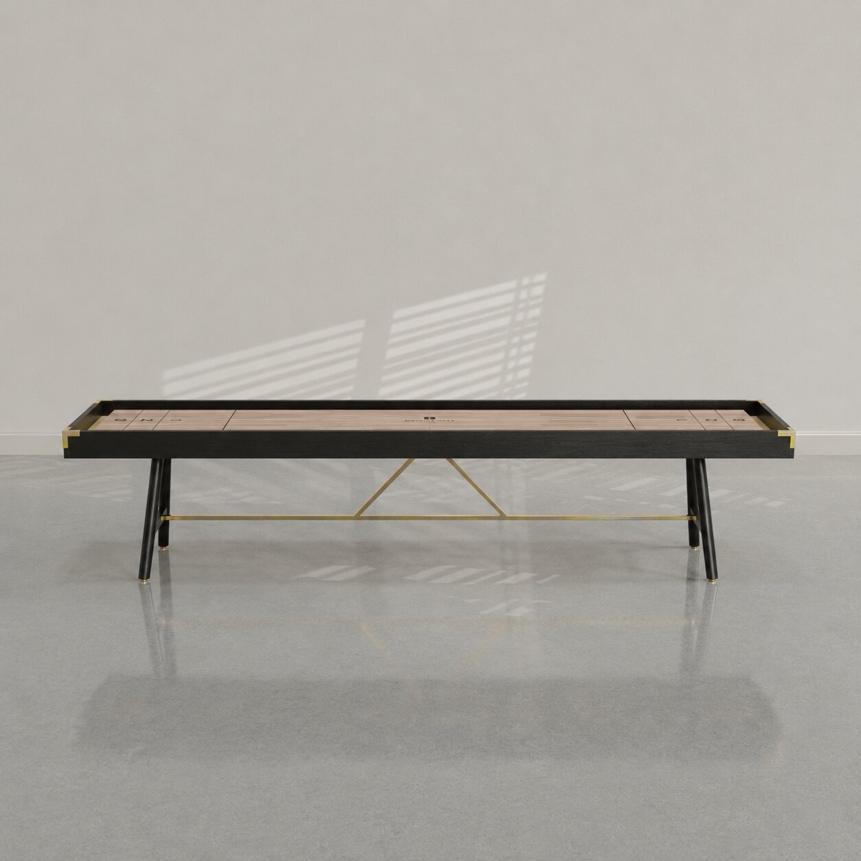 Blackened Oak frame, Oak playing surface, Tan suede, Yellow Zinc hardware Blackened Oak frame, Oak playing surface, Tan suede, Yellow Zinc hardware