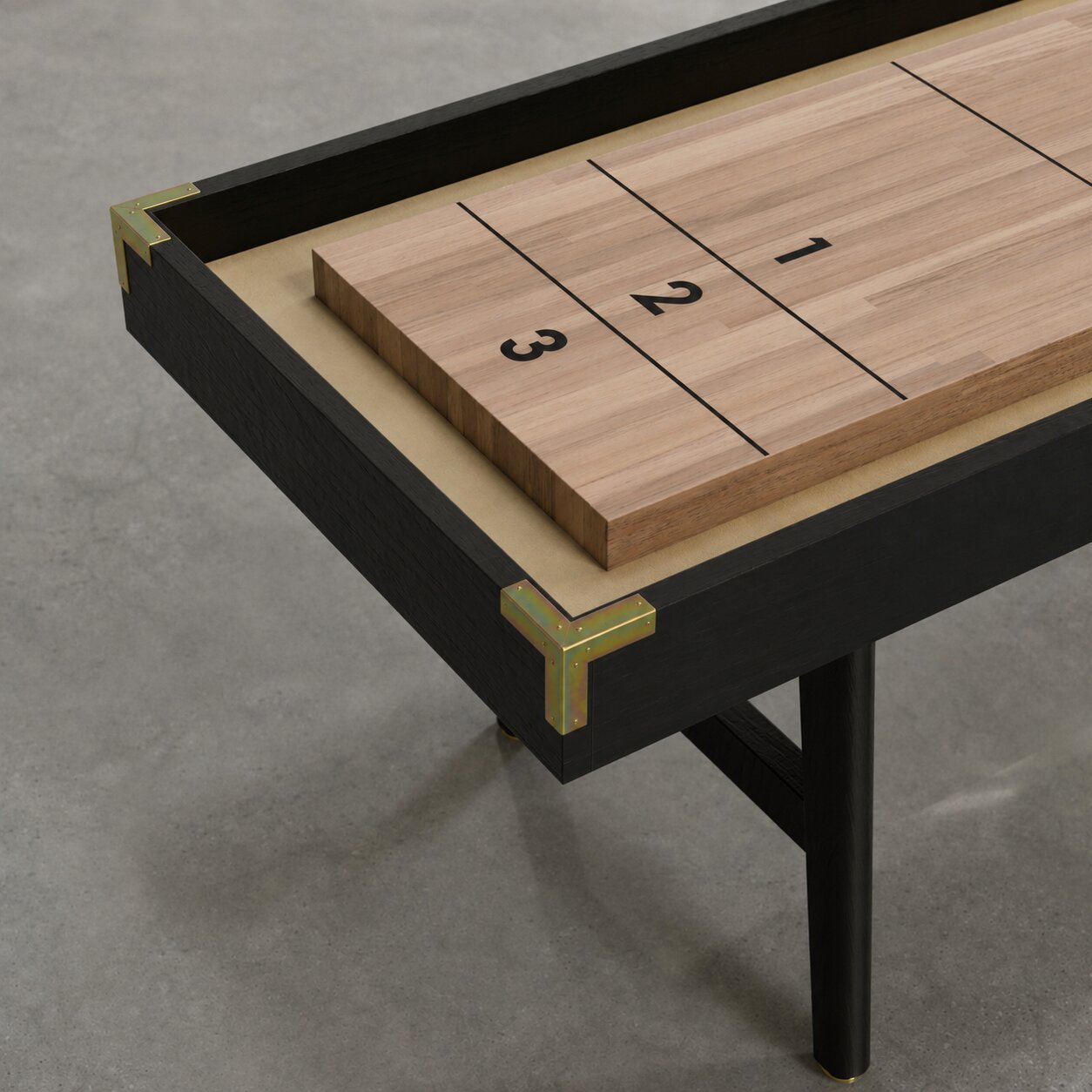 Blackened Oak frame, Oak playing surface, Tan suede, Yellow Zinc hardware Blackened Oak frame, Oak playing surface, Tan suede, Yellow Zinc hardware